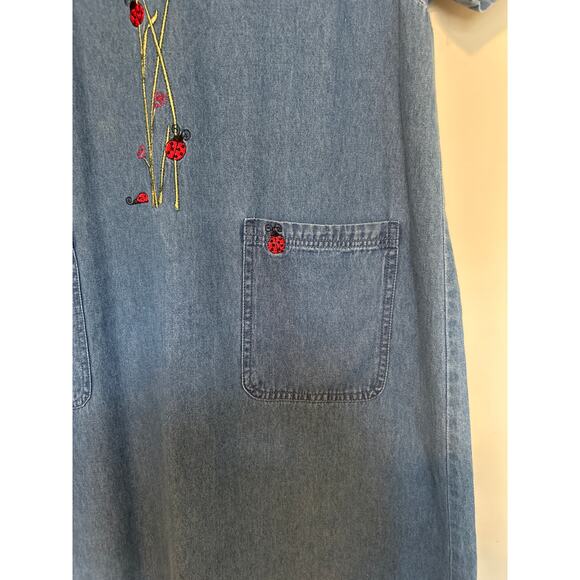 Y2K Blair Peasant Jumper Dress Denim Blue Jean Ladybug Embroidered Cottage Whims - Picture 3 of 5